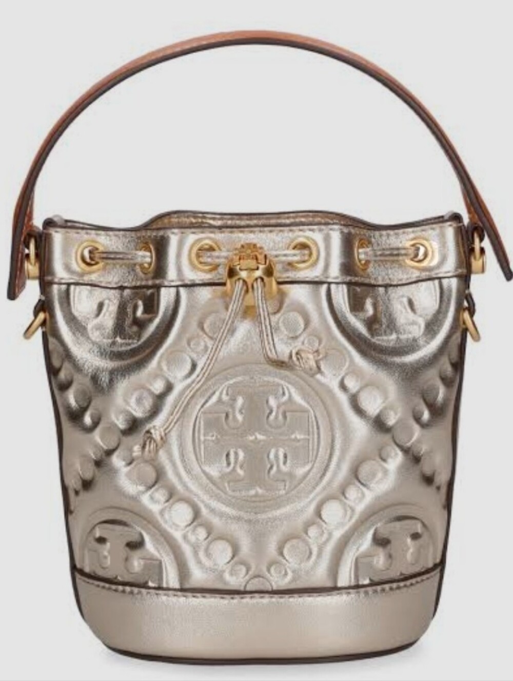 Tory Burch Mini T Monogram Metallic Bucket Bag